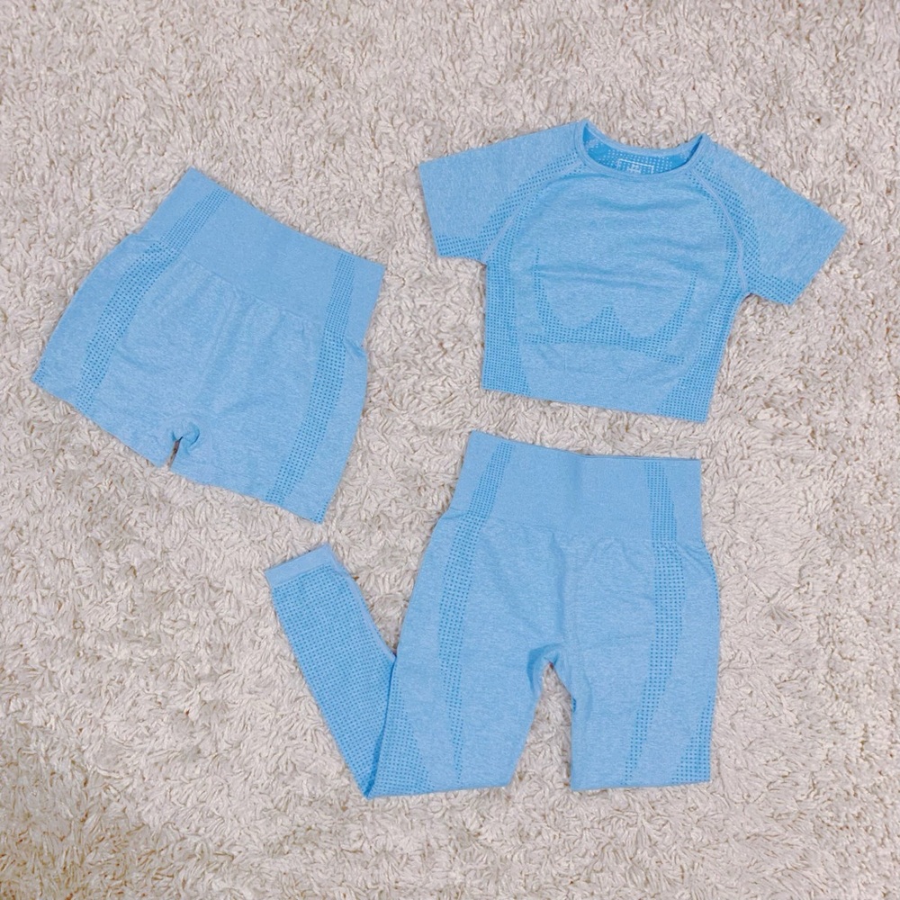 3Pc Blue Vital Seamless Set (Shorts,Leggings,Top)